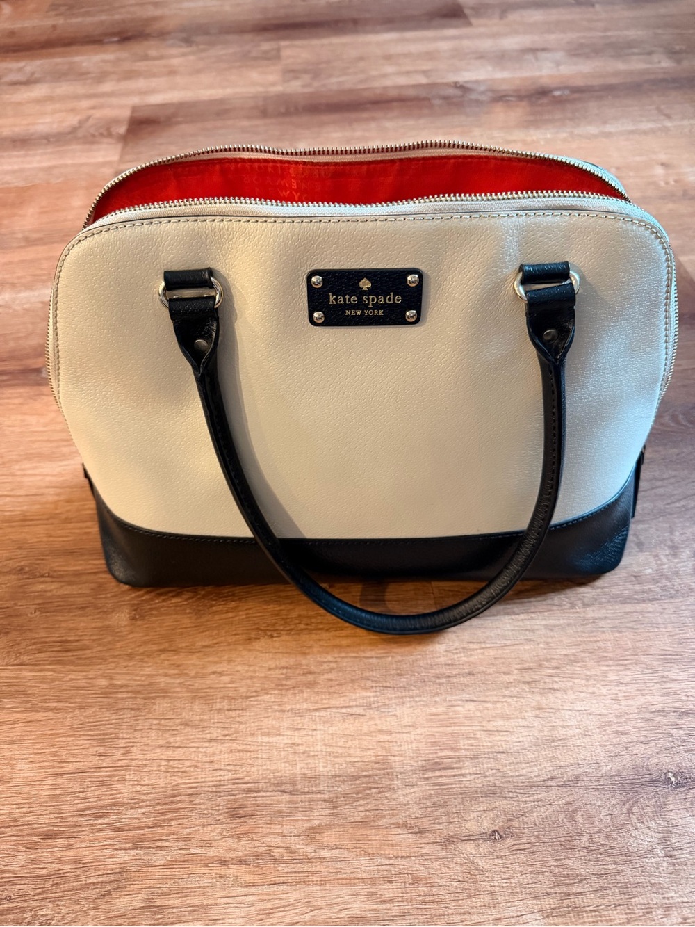kate spade Cream and Black Dome Satchel with Red Interior